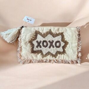 XOXO Beaded Fringe Tassel‎ Clutch Bag Beige Gold Cotton Linen Zip Pouch NEW